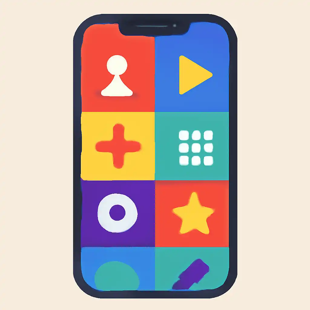 Smartphone shown from the front displaying a colourful flat layout of abstract game icons and rounded tiles (no text, no letters, no labels), Big Daddy Game