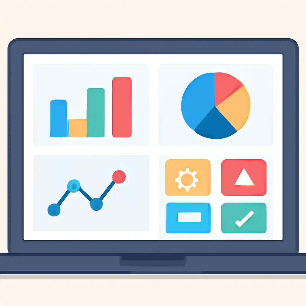 Laptop shown from the front displaying a colourful flat dashboard of abstract charts, bars and icon tiles (no text, no letters, no labels), Big Daddy Game