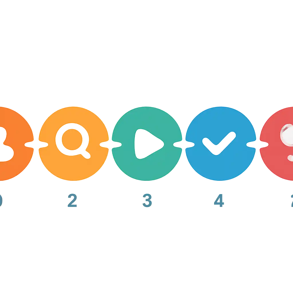 Five numbered circular icons connected by arrows in a horizontal flow, flat illustration, icons only, no words, Big Daddy Game steps